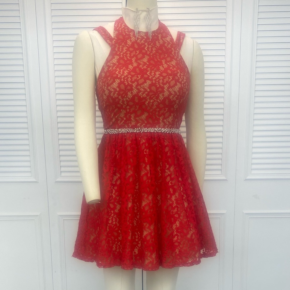 Red Lace Party Dance Dress Sparkling Rhinestone Silver Belt Sz 7 Valentines, etc
